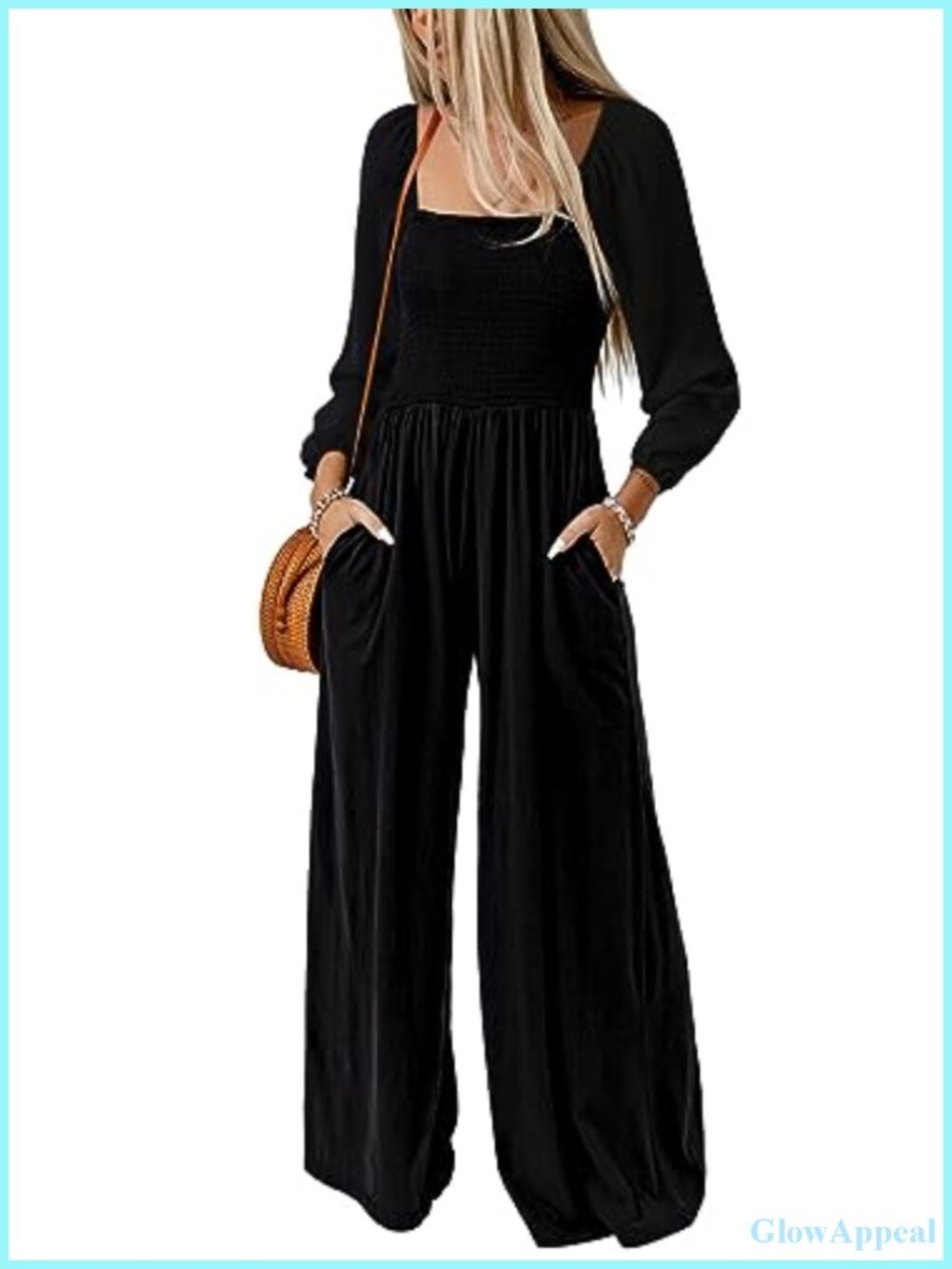 Women's Long Sleeve Square Neck Jumpsuit Wide Leg Pockets Romper
